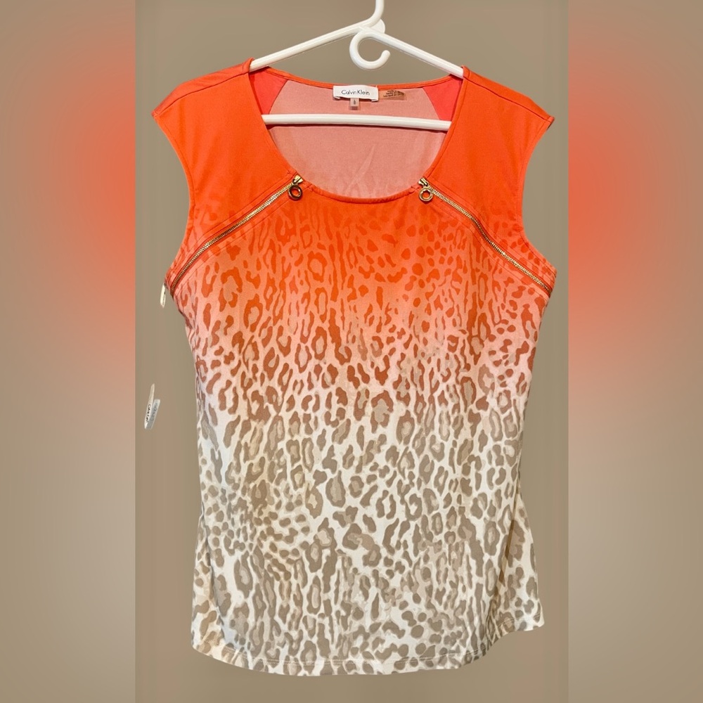 Calvin Klein Top NWOT Orange/White/tan gradient animal print Sz L - Picture 2 of 9